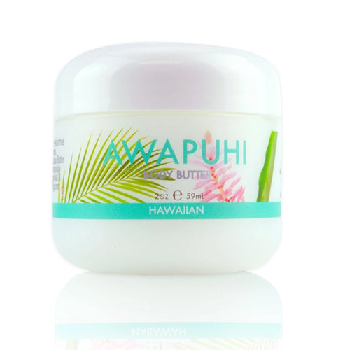 Jar of Awapuhi Hawaiian body butter with palm leaf design on a white background
