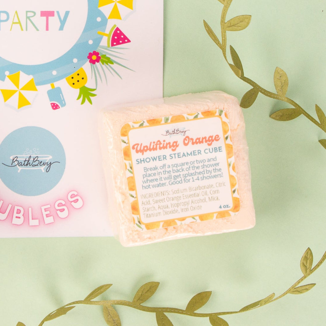 Pool party-themed product with leaf decorations on a light green background