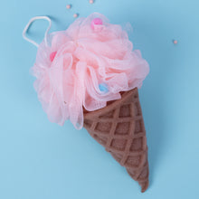 Load image into Gallery viewer, Pink loofah in a waffle cone on a blue background