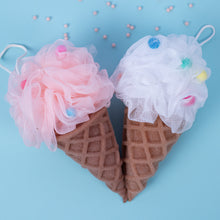 Load image into Gallery viewer, Ice cream cone-shaped bath poufs with pink and white mesh on a blue background