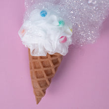 Load image into Gallery viewer, Ice cream cone with white fluffy top on a pink background