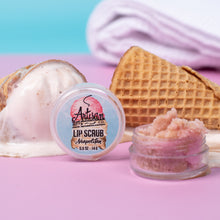 Load image into Gallery viewer, Lip scrub container with pink contents, waffle cone, and ice cream on a colorful background
