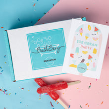 Load image into Gallery viewer, BathBevy product with &#39;Ice Cream Party&#39; card and red lollipops on a colorful background