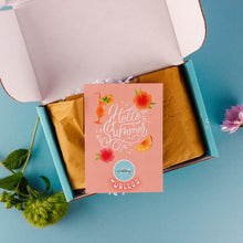 Load image into Gallery viewer, Card with &#39;Hello Summer&#39; text in a box on a blue background