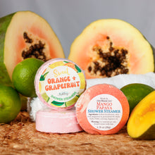 Load image into Gallery viewer, Shower steamers with papaya and lime fruits on a textured surface