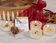 Load image into Gallery viewer, Scented candles with a &#39;Blackberry Sage&#39; label on a wooden surface