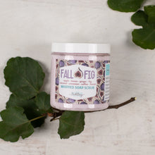 Load image into Gallery viewer, Jar of &#39;Fall Fig&#39; whipped soap scrub with leaves on a light background