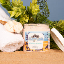 Load image into Gallery viewer, Beach-themed whipped soap bar with &#39;Beach Bum&#39; label on sand and greenery background